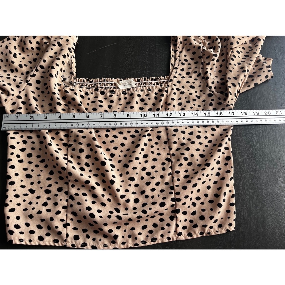 Tan Black Dalmation Spot Print Square Neck Smocked Crop Top Long Sleeve‎ Large - Picture 6 of 6
